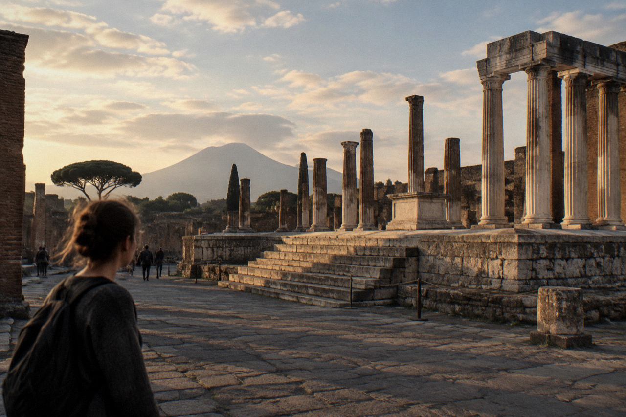 Ancient stone columns of a Roman temple standing in a wide archaeological site under a clear sky
