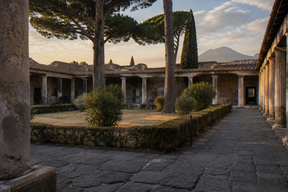 Worn stone-paved Roman street in Pompeii lined with ruined brick walls under a clear sky