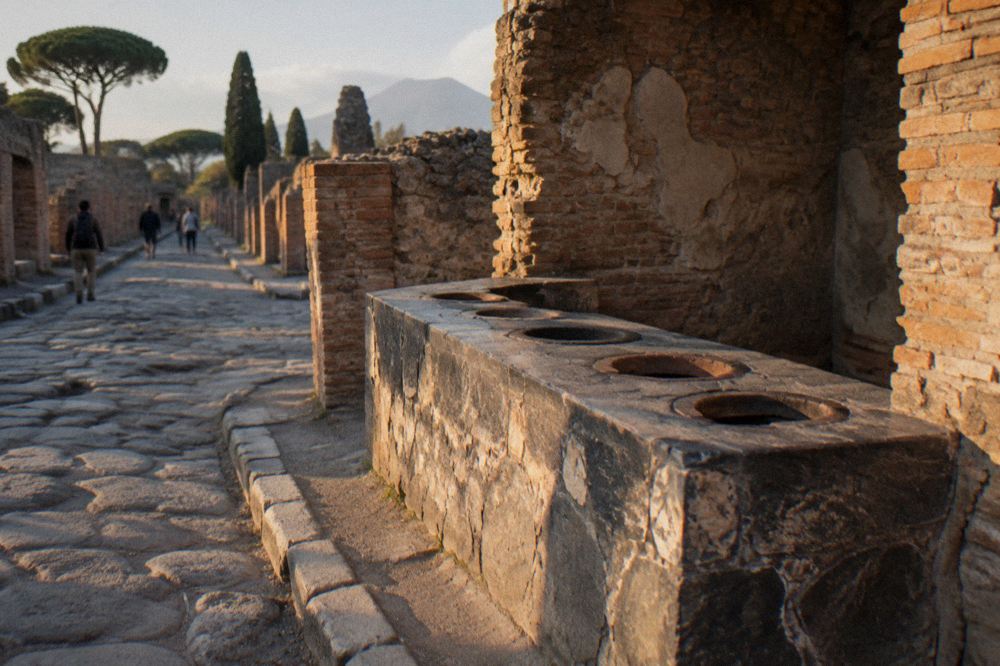 Sunlit Roman stone street with ancient columns and walls under a deep blue sky