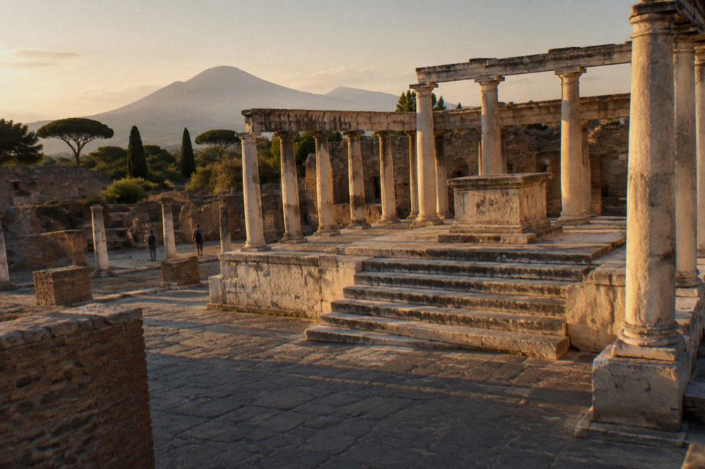 Golden late afternoon light over the Vesuvius slopes and the coastal plain