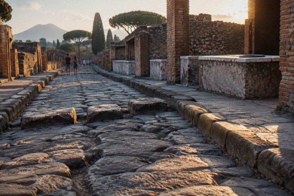 Wide ancient paved street in Pompeii with basalt road surface and ruined brick walls on both sides