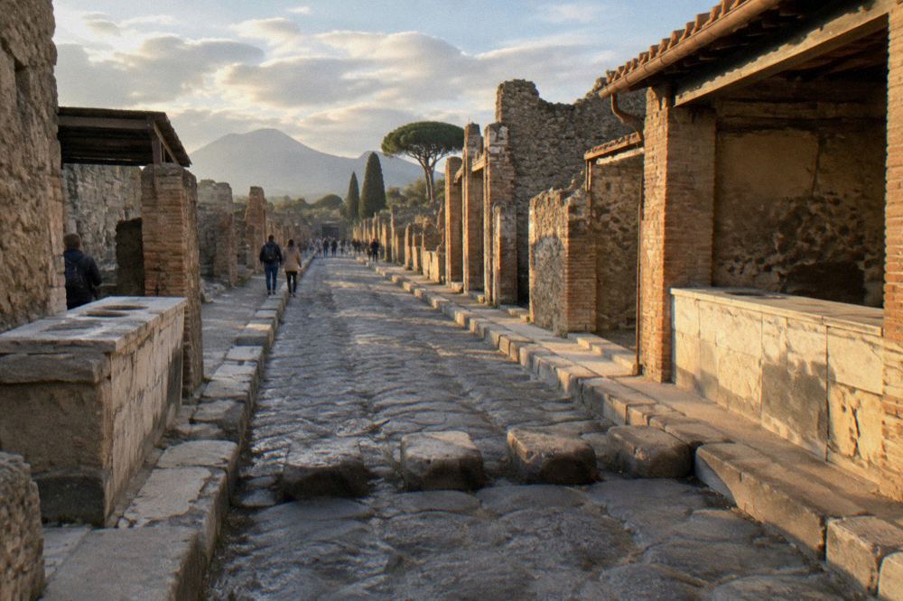 Painted fresco fragments on an ancient brick wall beside a Pompeii street