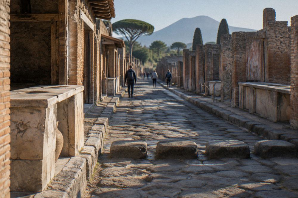 Deep ruts worn into ancient basalt paving by Roman cart wheels in Pompeii