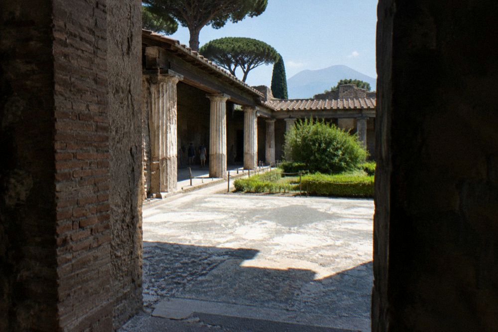 Modern railway platform beside the archaeological park entrance at Pompei