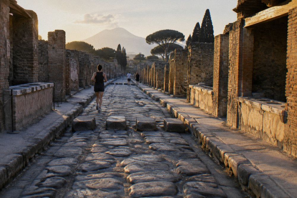 Sunlit ancient street in Pompeii with stone wheel ruts and high ruined walls at midday