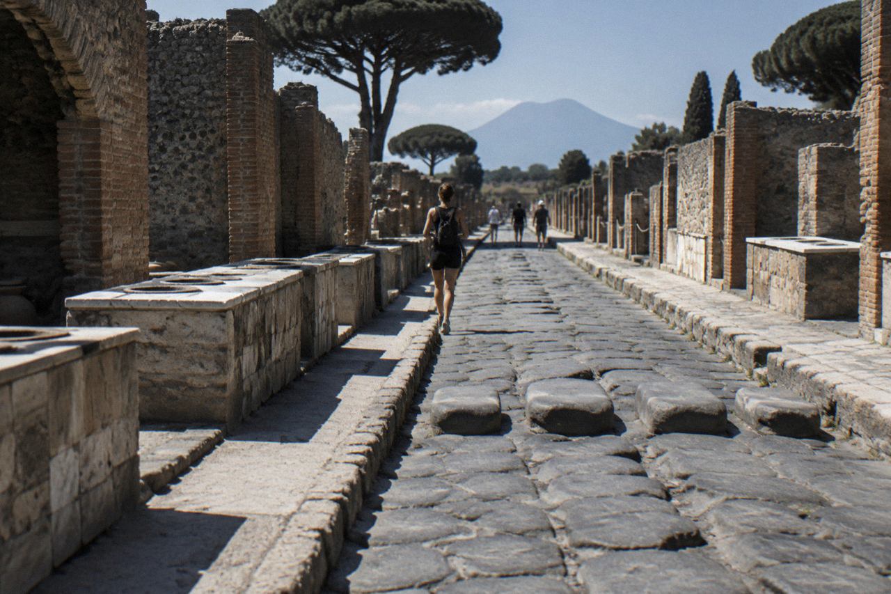 Ancient stone-paved street of Pompeii with worn stepping stones and ruined walls under a clear sky