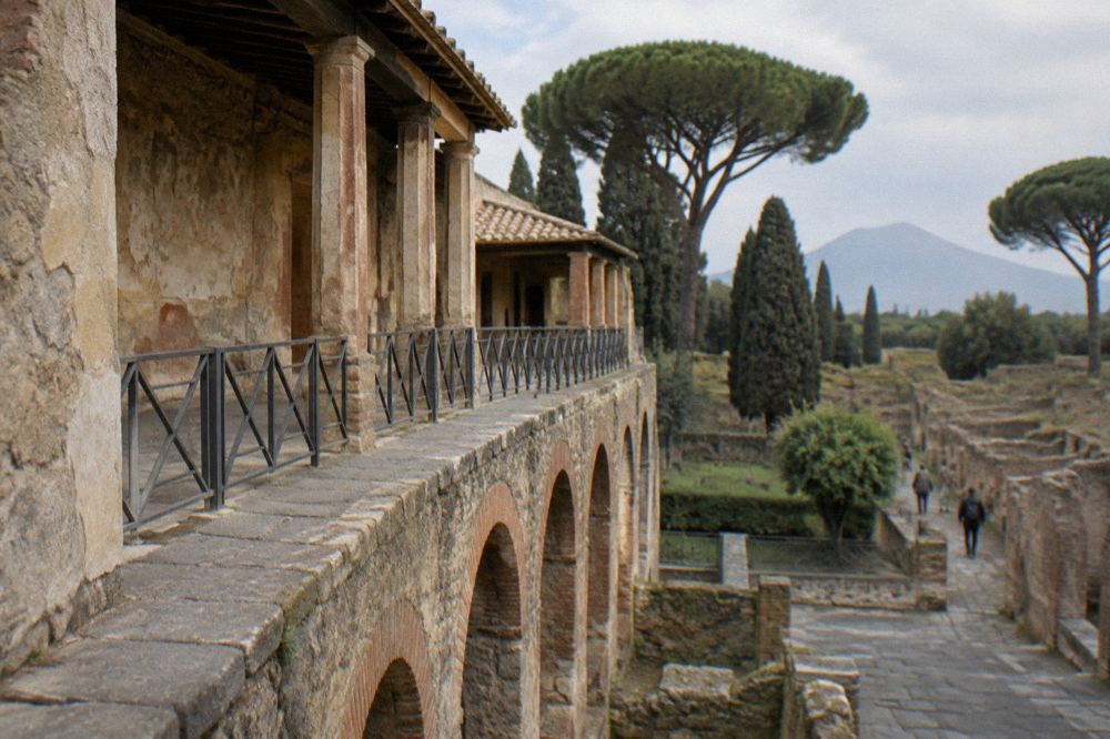An ancient stone road lined with walled tombs stretching toward distant villa buildings