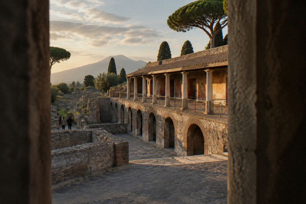 A Roman villa courtyard with low stone walls and warm evening light across ancient paving