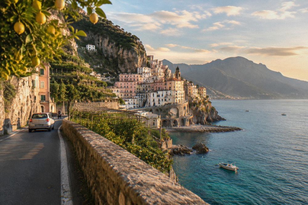 A domed cathedral facade above a sunlit square in an Amalfi Coast town