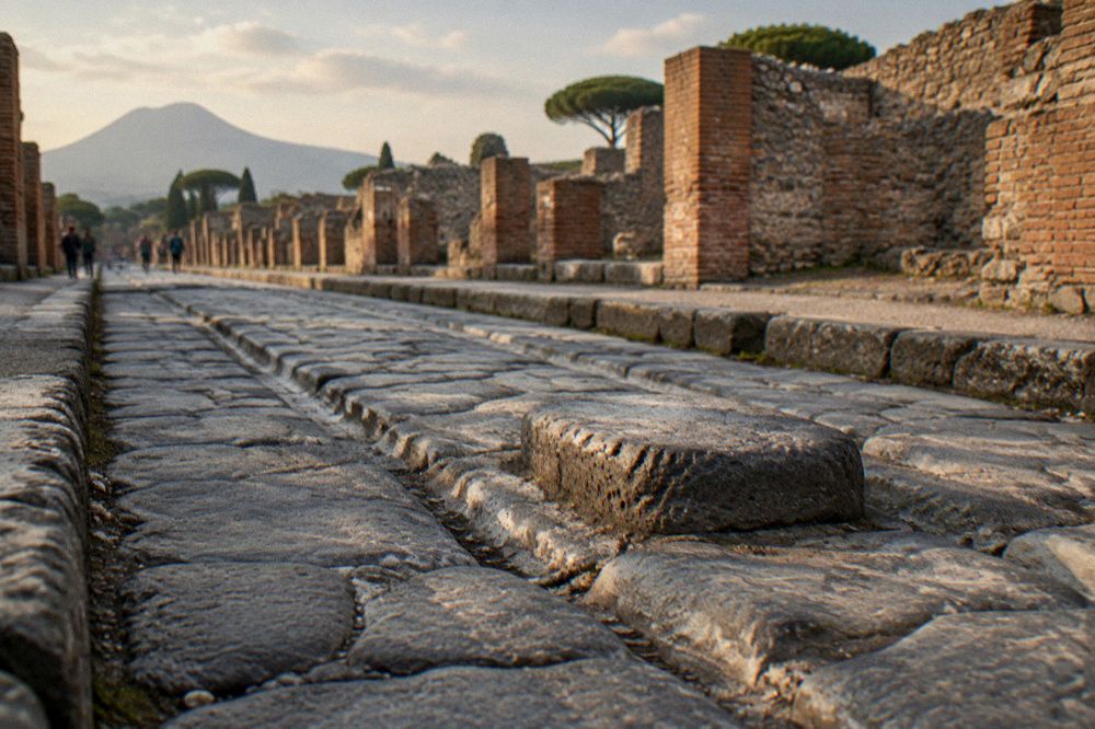 A Roman stone street with deep cart ruts running between ruined walls under an open sky