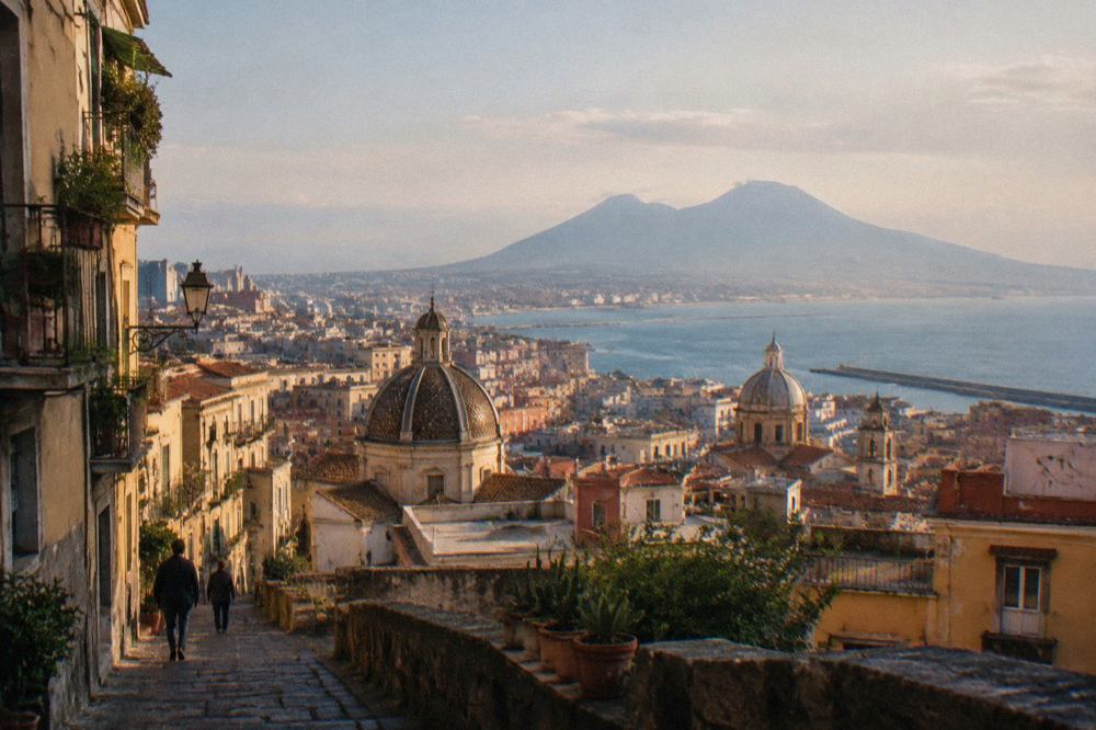 The excavated Roman street of Pompeii with Mount Vesuvius rising in the background