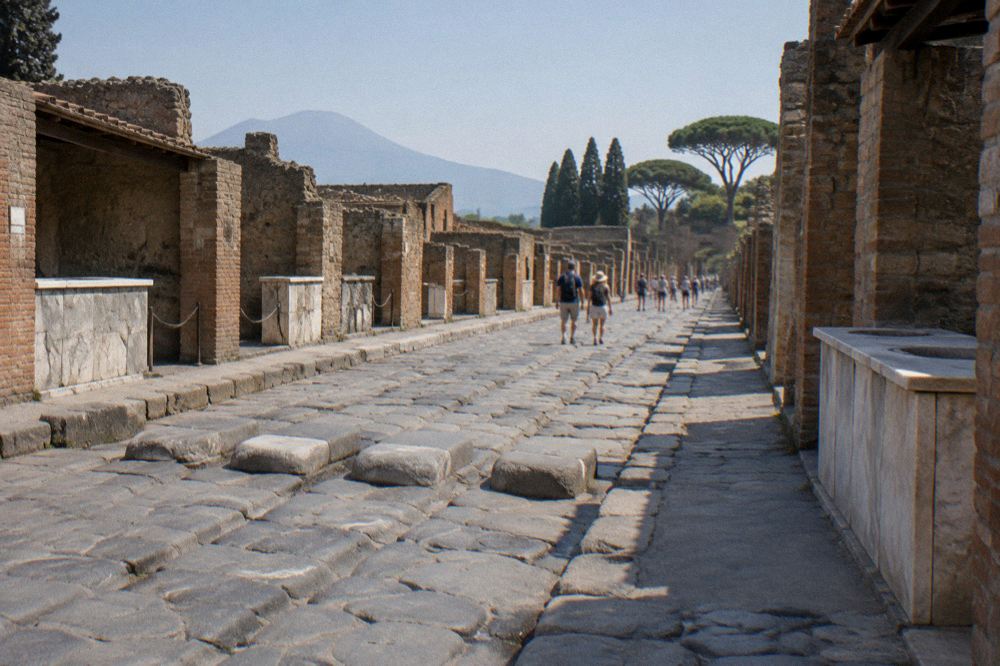 Ancient stone ruins and columns under dramatic clouds across a wide plain
