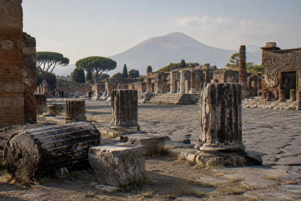 Visitors with sun hats walking an exposed stone street in Pompeii under strong sun