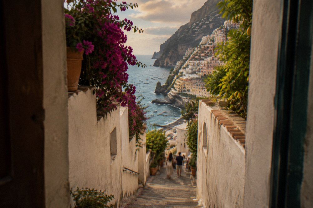 Boats moored in a small harbour on the Amalfi Coast at golden hour