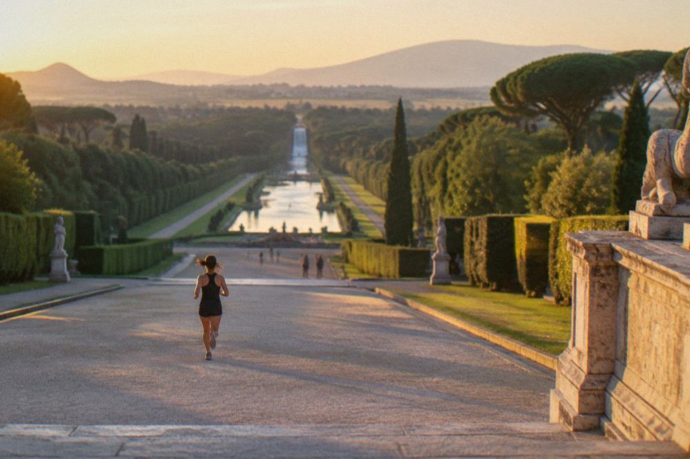 A grand Baroque palace facade with a wide forecourt and tree-lined avenue under a clear sky