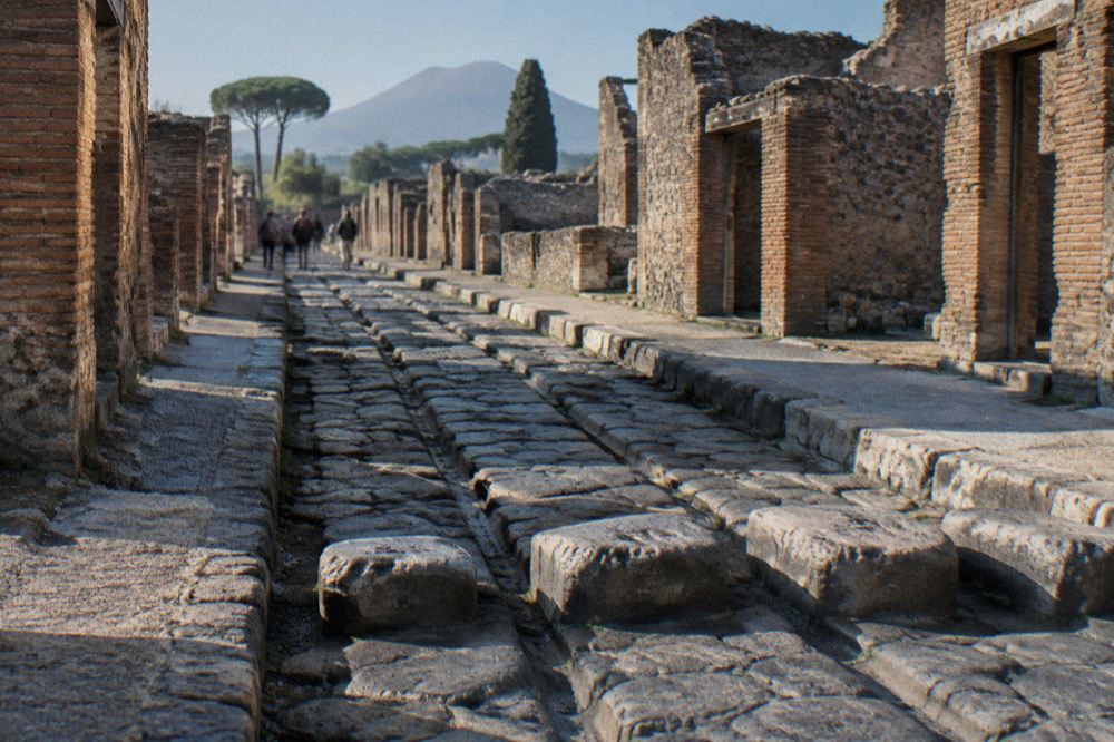 Ancient stone-paved street with cart ruts between weathered Roman walls under a blue sky