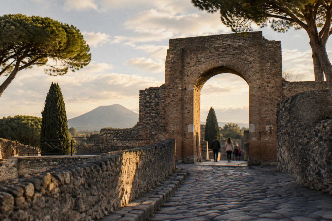 Sunlit stone street of the excavated Roman city with Mount Vesuvius rising in the background