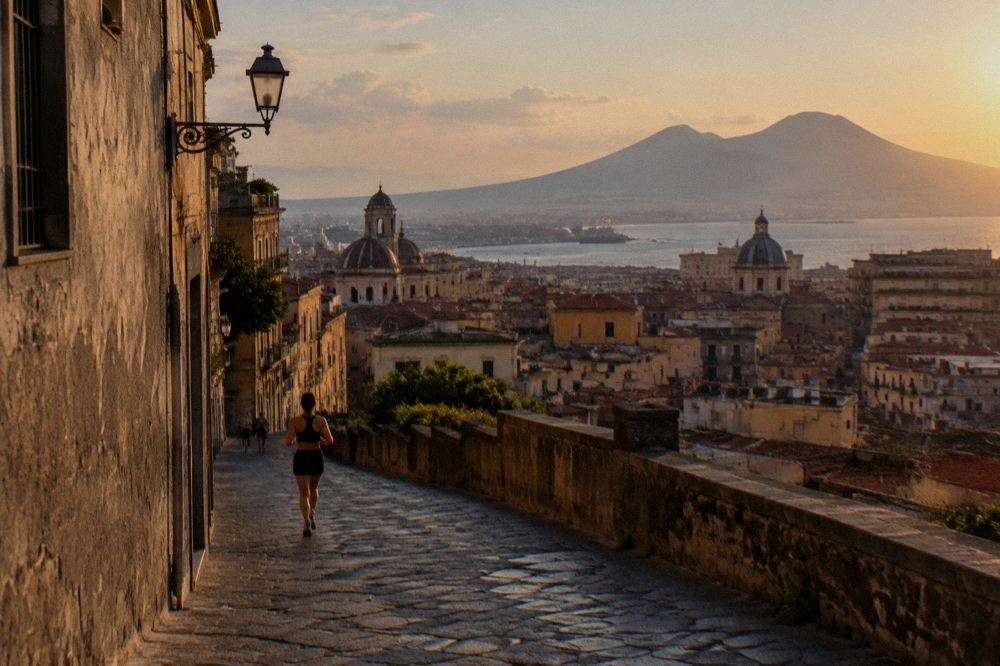 Crowded stone-paved ancient street lined with ruined walls in warm afternoon light