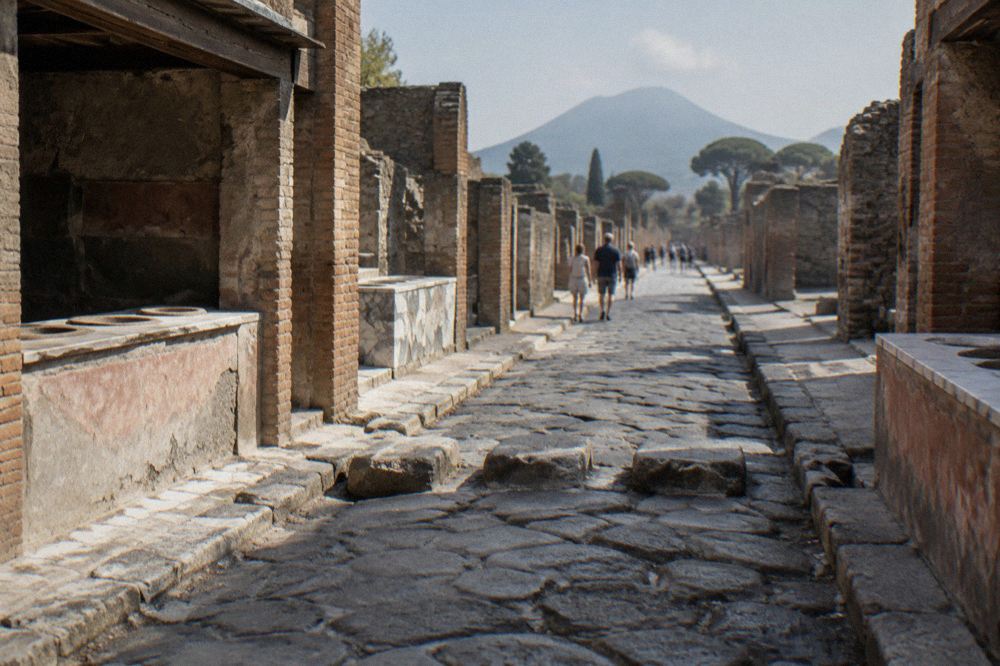A dark carbonised ancient wooden door still standing inside a ruined building at Herculaneum