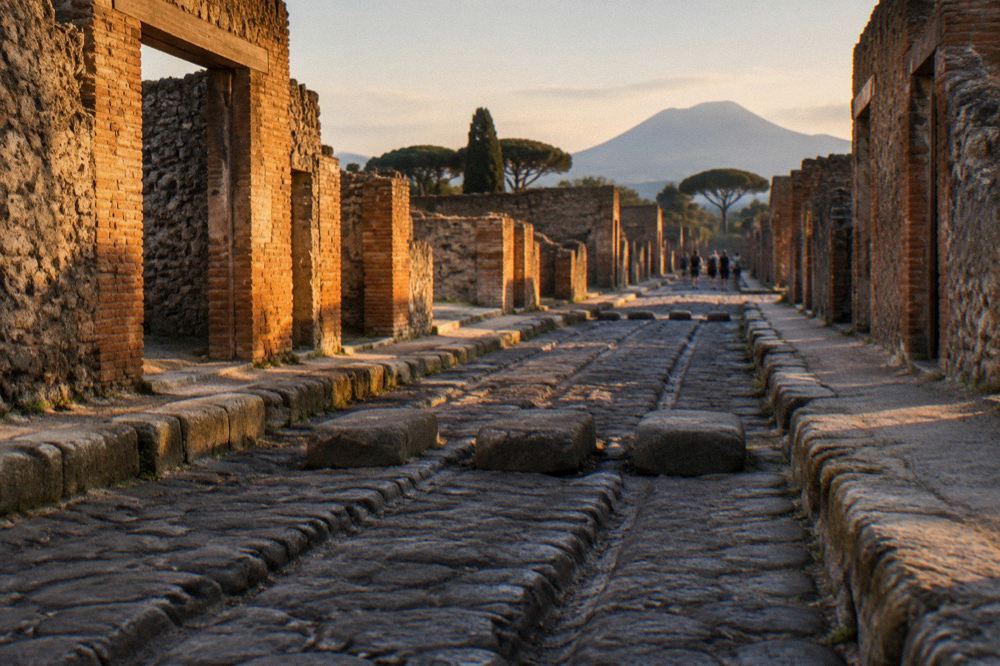 The excavated Roman street of Herculaneum at golden hour with Vesuvius rising behind it