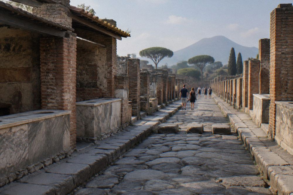 A wide ancient street of dark stone running between ruined walls inside the Herculaneum excavation