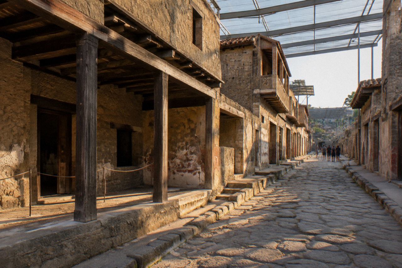 Ancient stone walls and column bases of Herculaneum under a clear sky, with Mount Vesuvius rising in the background