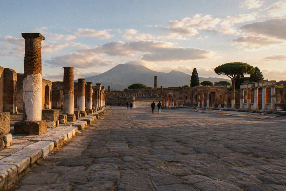 Wide view across the excavated ruins of Pompeii toward Mount Vesuvius