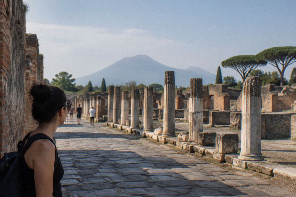 Stepping stones crossing an ancient paved street at Pompeii