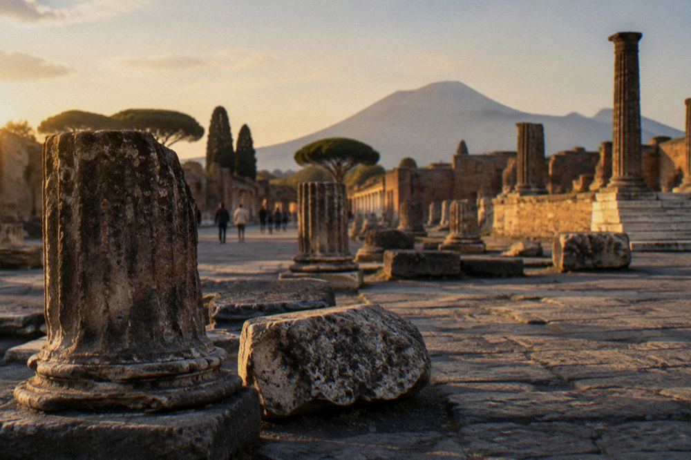 Long colonnaded street at Pompeii in warm late light