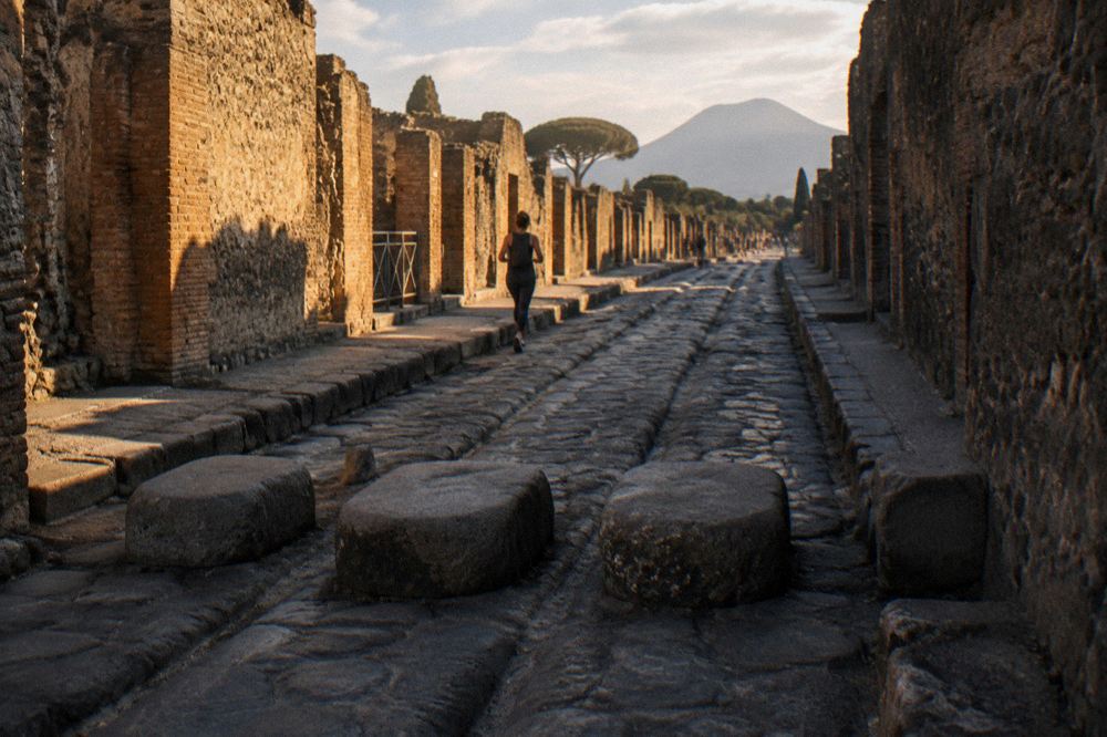 Stone amphitheatre steps at Pompeii with grass centre