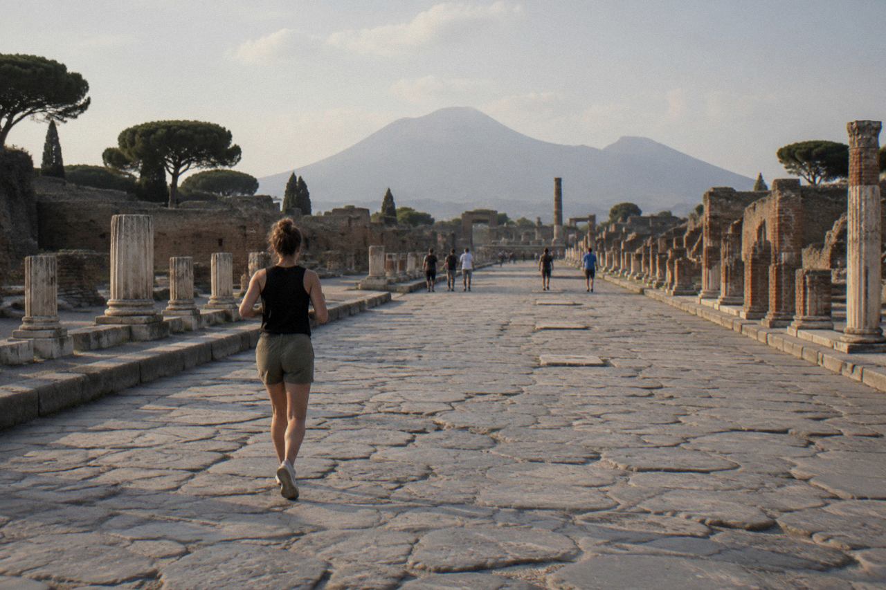 Ancient stone street with ruts and ruined walls under a clear sky at Pompeii