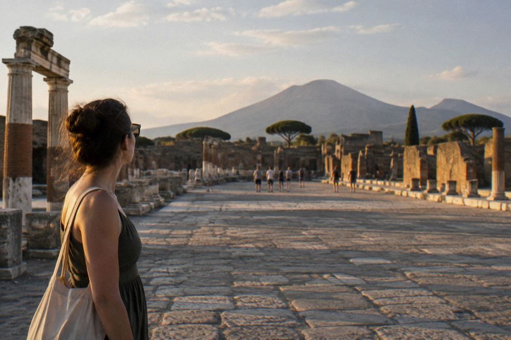 View of Mount Vesuvius rising above the excavated ruins of Pompeii at midday