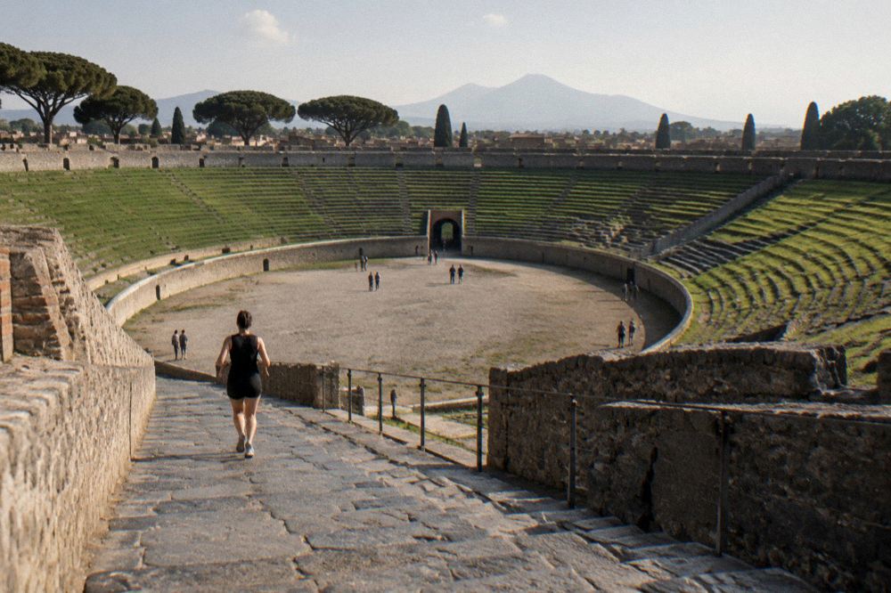 Empty Pompeii alley in soft late-afternoon light with Vesuvius on the horizon