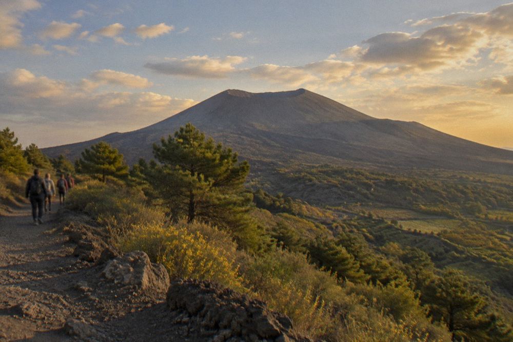 Cloud and mist rolling over the crater rim of Vesuvius with the trail disappearing into fog