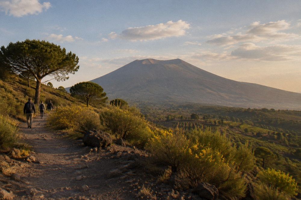 Hikers in sturdy shoes on the rocky path along the Vesuvius crater rim