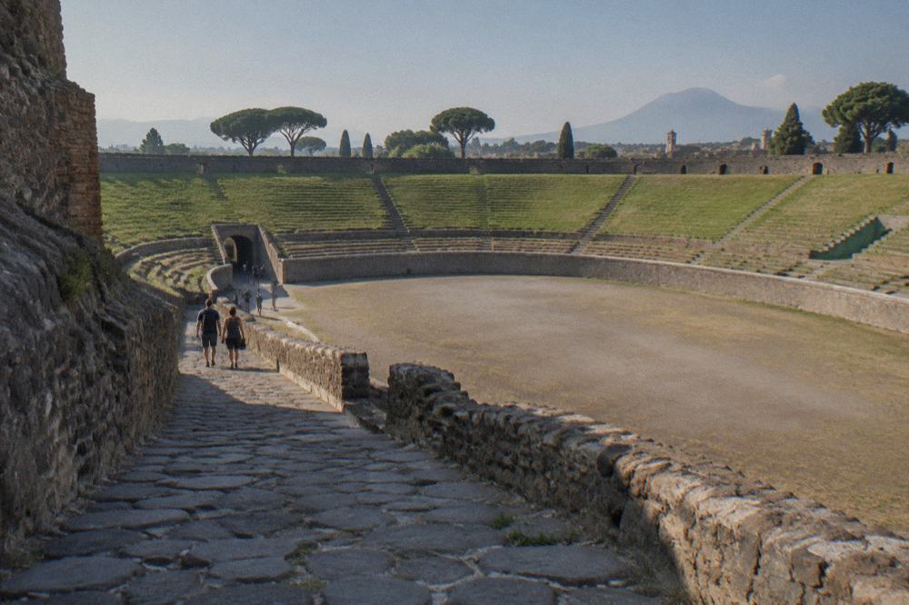 An ancient stone gateway into Pompeii with ruts worn into the paving