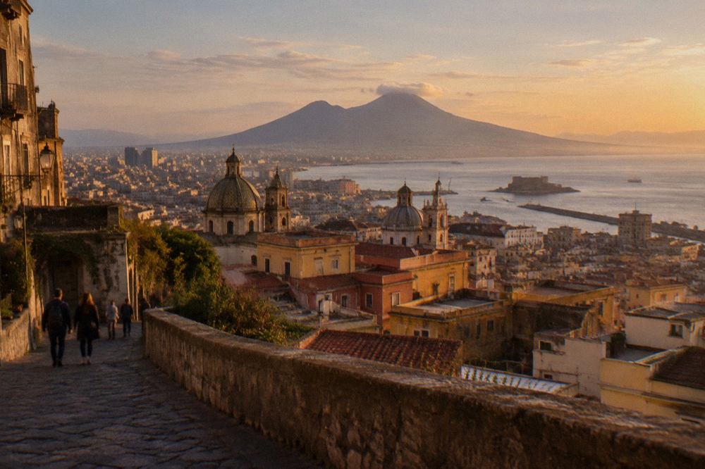 A panoramic view over the Bay of Naples with Mount Vesuvius rising in the background
