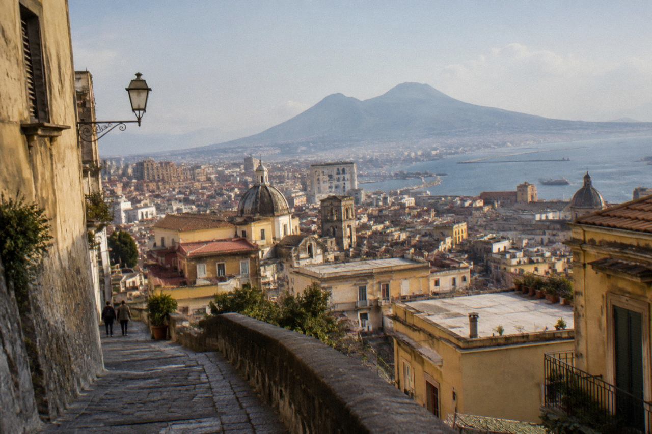 A panoramic view over the Bay of Naples with Mount Vesuvius rising in the background