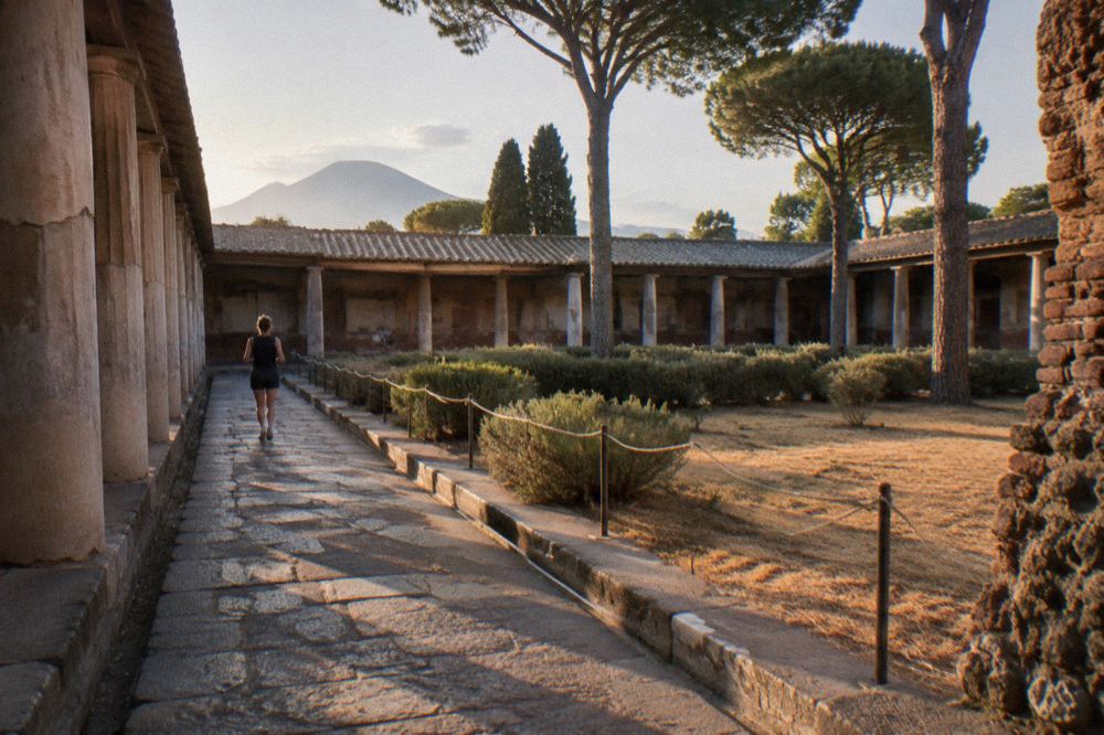 An ancient Roman forum with column stumps and a mountain behind