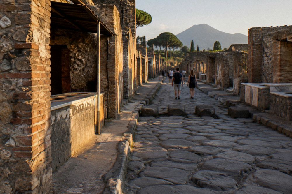 Weathered Roman amphitheatre seating arcades in soft late afternoon light