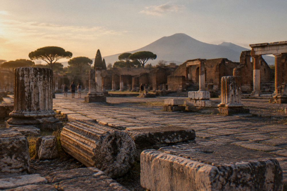 Shaded colonnade columns along an ancient walkway of Pompeii under a clear sky