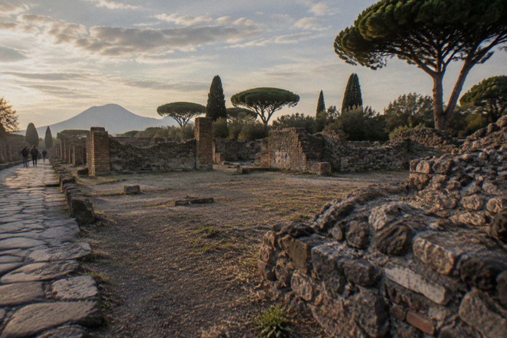 An ancient paved street of Pompeii with stepping stones crossing the wheel ruts