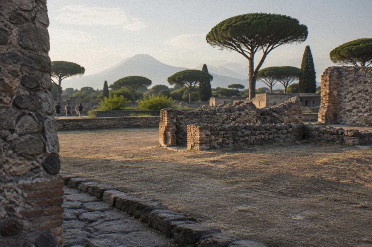A plaster cast of a Pompeii victim resting on a surface of grey volcanic stone inside the archaeological park
