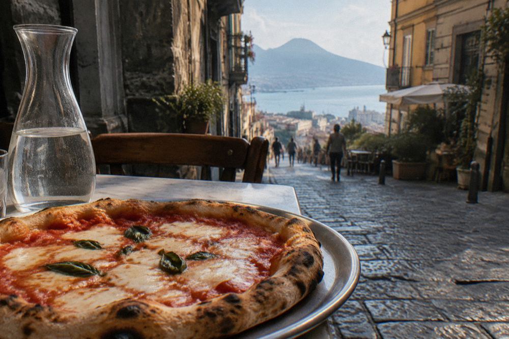 A marble counter topped with fresh pizza dough balls under a cloth
