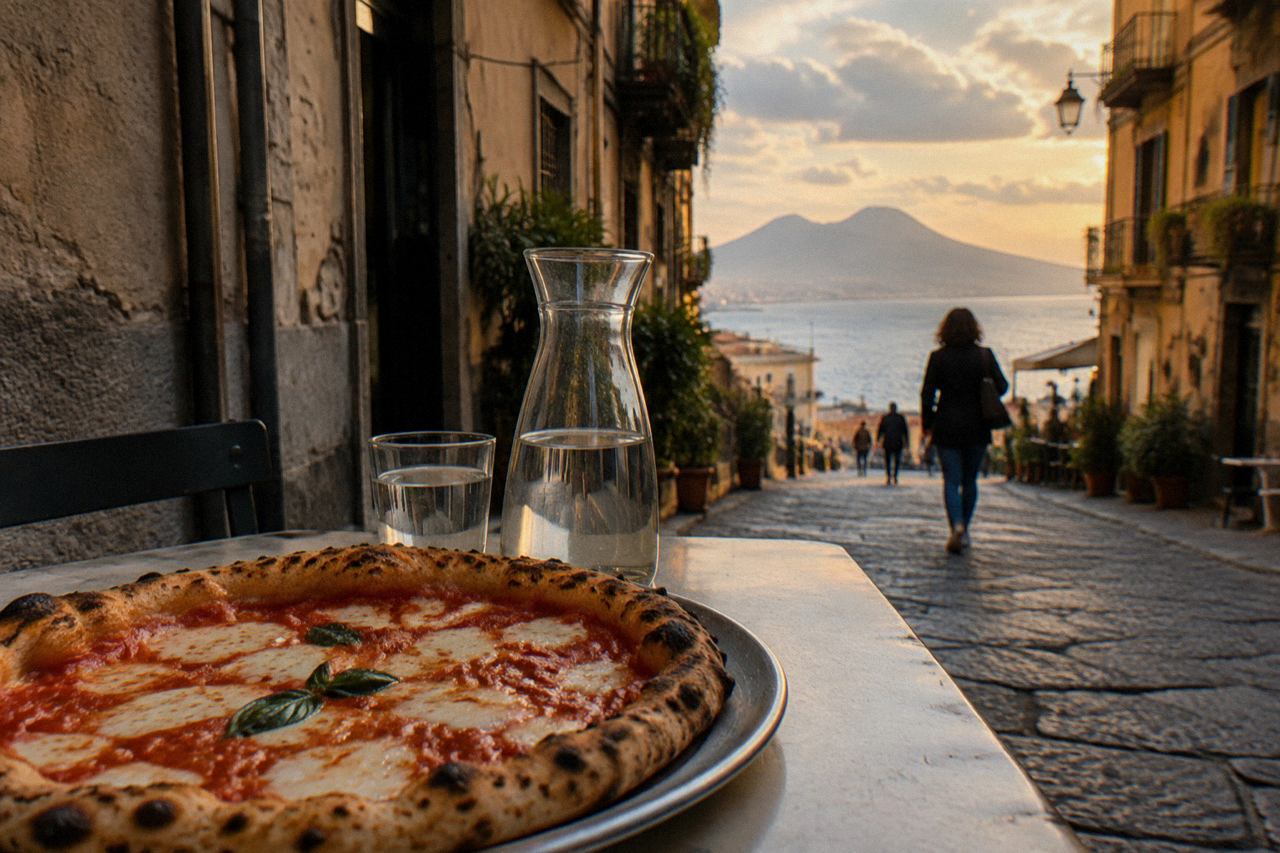 A wood-fired oven with a pizza baking on the stone floor beside a peel