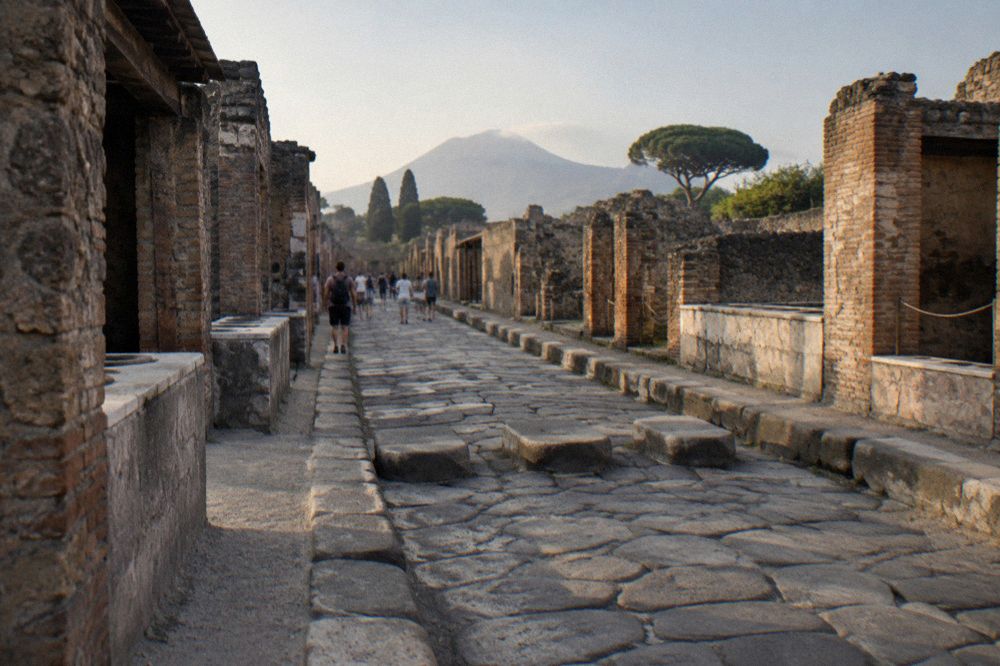 A crater rim path on Mount Vesuvius with loose volcanic stone and a wide bay view below
