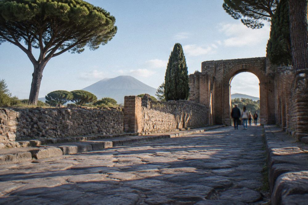 Ancient stone gateway of Pompeii with worn stepping stones and ruined walls under a clear sky