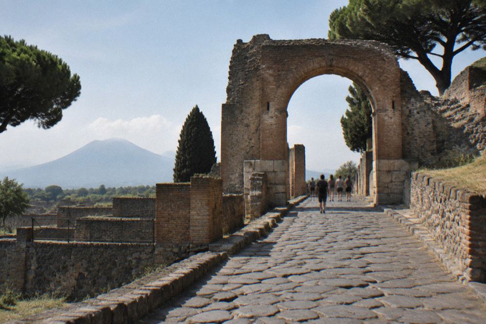 Path climbing the slopes of Mount Vesuvius with dry volcanic terrain and views toward the Bay of Naples