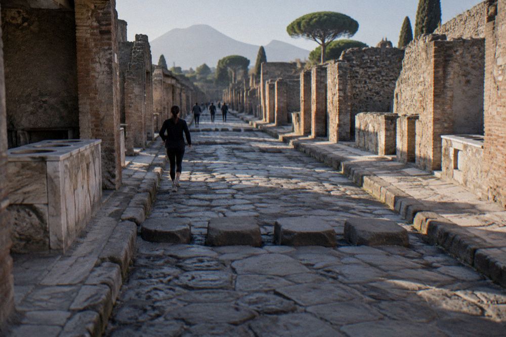 Long ancient Roman street of stone paving stretching toward distant hills