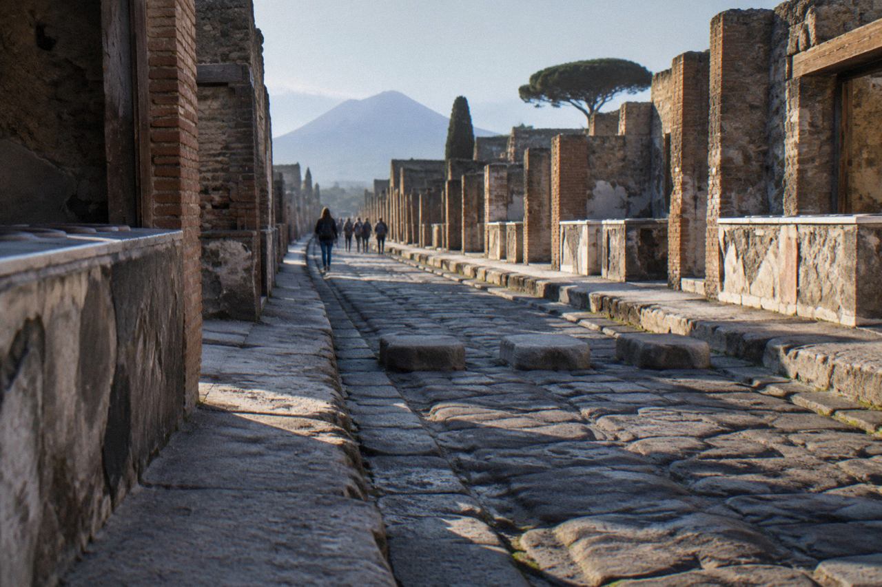 Ancient stone gateway of Pompeii with worn ruts in the paved Roman road
